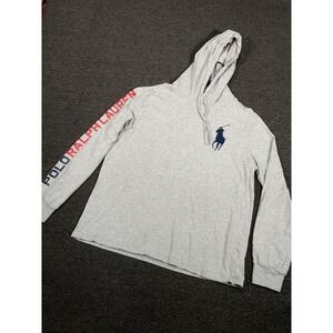Polo Ralph Lauren Hoodie Men Large Gray Big Pony Spellout Drawstring Lightweight